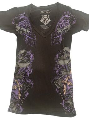 Archaic Black V-Neck Tee with Purple Rose Graphic